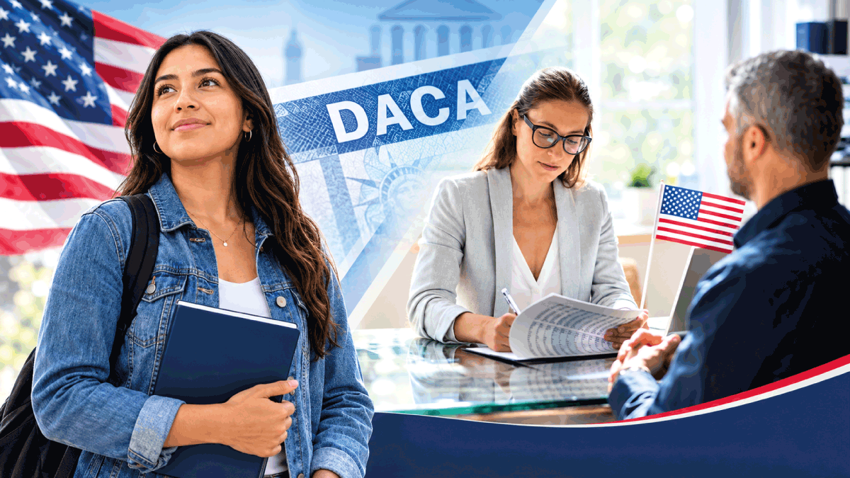 Joven sosteniendo tarjeta DACA frente a bandera estadounidense